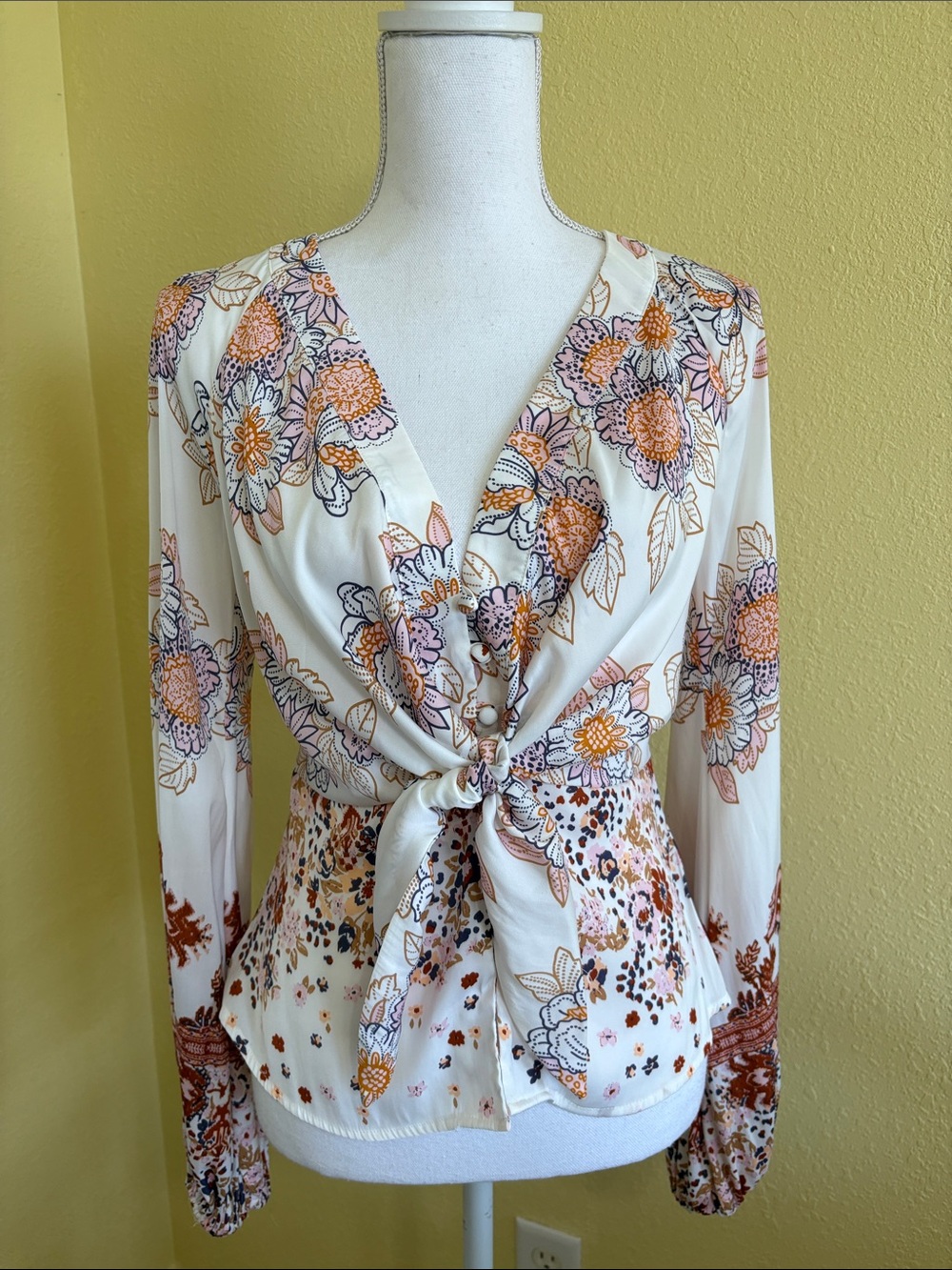 Free People Cream Floral Tie-Front V-Neck Blouse with Pink & Orange Accents
